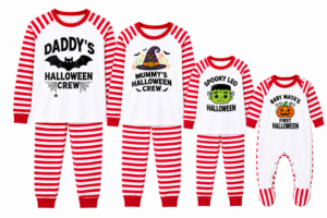 Personalised family matching halloween pyjamas featuring customisable bat monster pumpkin and witch designs.
